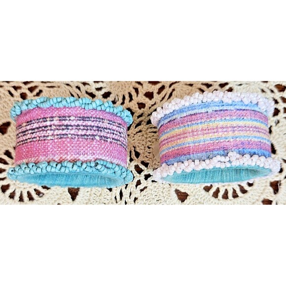 Set 7 Pastels Striped & Plaid Design Beaded Fabric Napkin Rings The Spring Shop - Picture 3 of 5